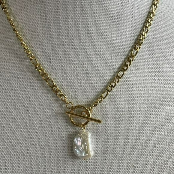 18K Gold Plated Chain Link Baroque‎ Freshwater Pearl Pendant Necklace 17..5in - Picture 6 of 10
